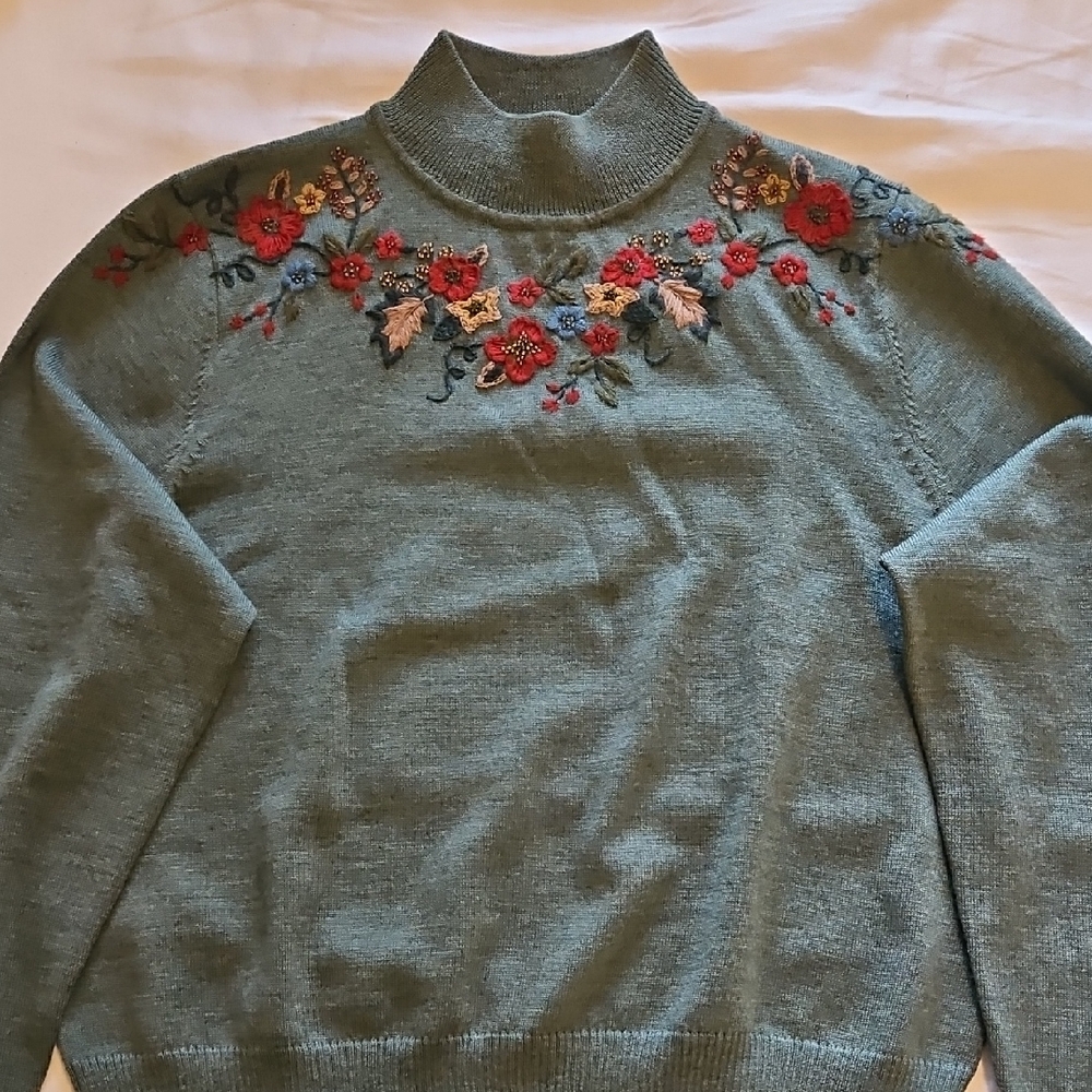 Pendleton Teal Women's Sweater with Floral Embroidery